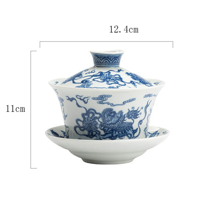 Buddha Stones Niebieskie I Białe Porcelany Lotos Ryba Koi Taniec Lwa Arbuz Ceramiczny Gaiwan Sancai Filiżanka Kung Fu Filiżanka I Spodek Z Pokrywką 300 ml - Image 11