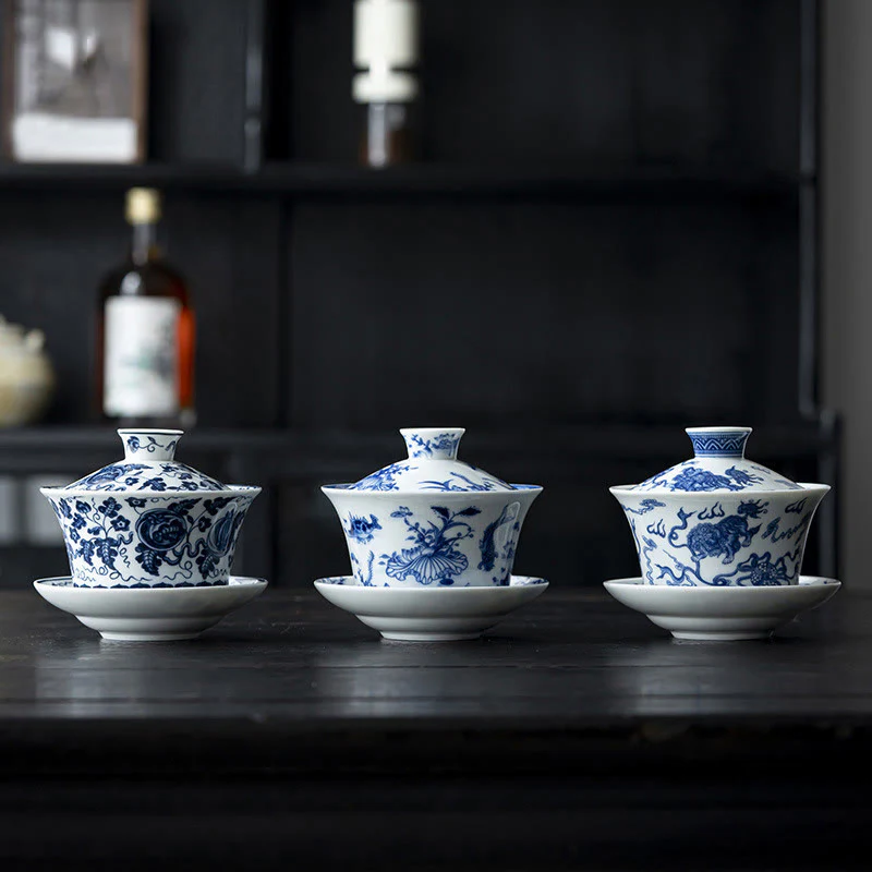 Buddha Stones Niebieskie I Białe Porcelany Lotos Ryba Koi Taniec Lwa Arbuz Ceramiczny Gaiwan Sancai Filiżanka Kung Fu Filiżanka I Spodek Z Pokrywką 300 ml - Image 2
