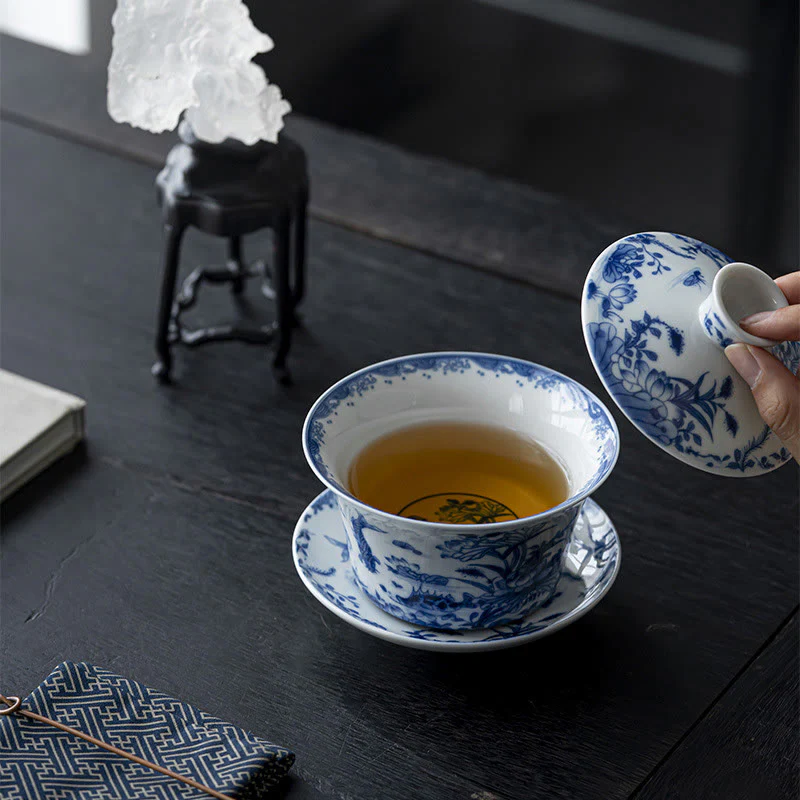 Buddha Stones Niebieskie I Białe Porcelany Lotos Ryba Koi Taniec Lwa Arbuz Ceramiczny Gaiwan Sancai Filiżanka Kung Fu Filiżanka I Spodek Z Pokrywką 300 ml - Image 8