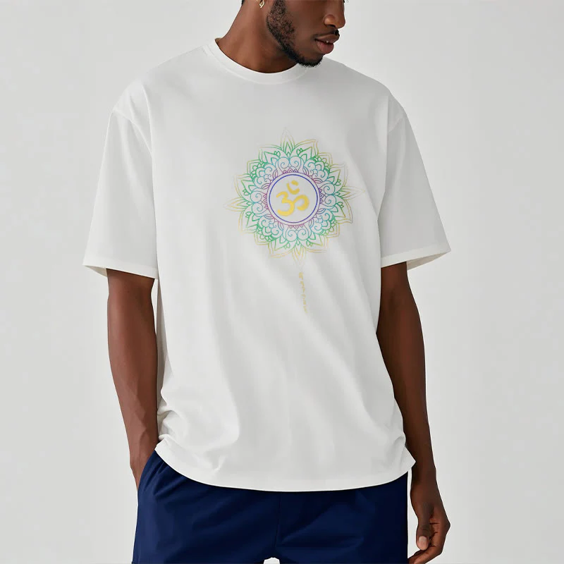 Buddha Stones OM Żółto-zielony Gradientowy Lotos Bawełniana Koszulka T-shirt - Image 12