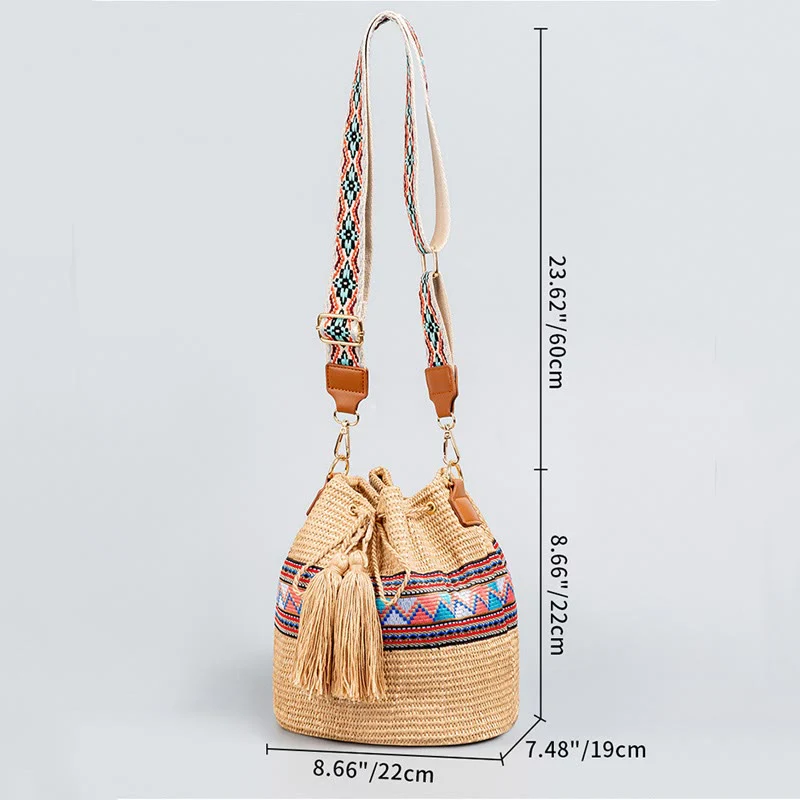 Buddha Stones Plaża Geometria Słoma Tkane Wiadro Frędzle Torba Crossbody Torba Na Ramię - Image 10