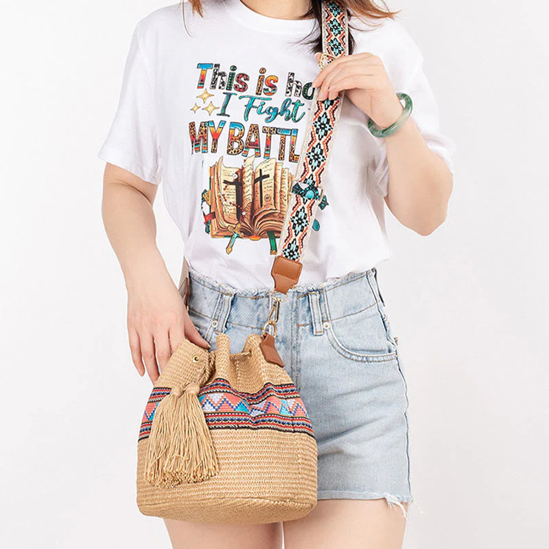 Buddha Stones Plaża Geometria Słoma Tkane Wiadro Frędzle Torba Crossbody Torba Na Ramię - Image 11