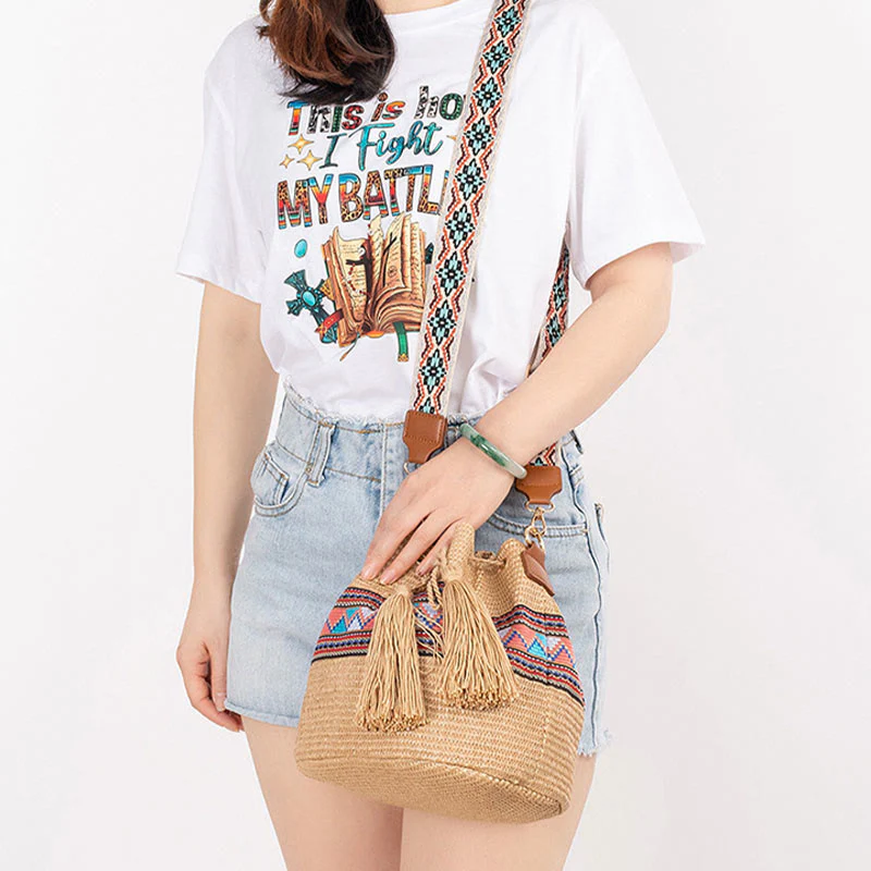 Buddha Stones Plaża Geometria Słoma Tkane Wiadro Frędzle Torba Crossbody Torba Na Ramię - Image 12