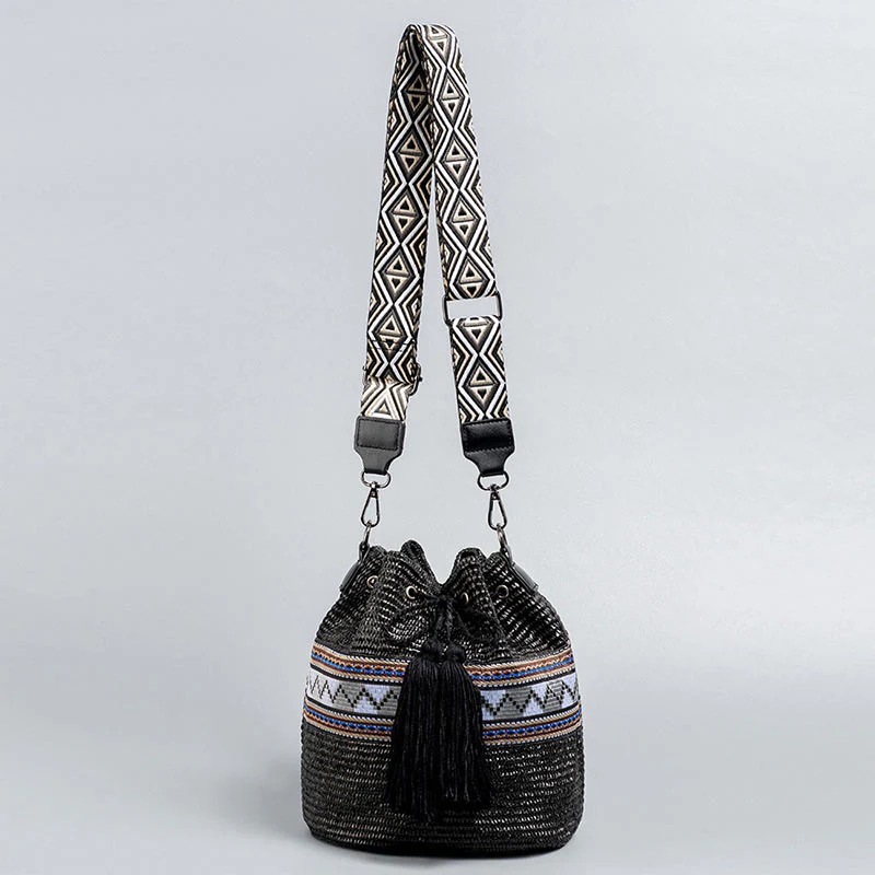 Buddha Stones Plaża Geometria Słoma Tkane Wiadro Frędzle Torba Crossbody Torba Na Ramię - Image 14
