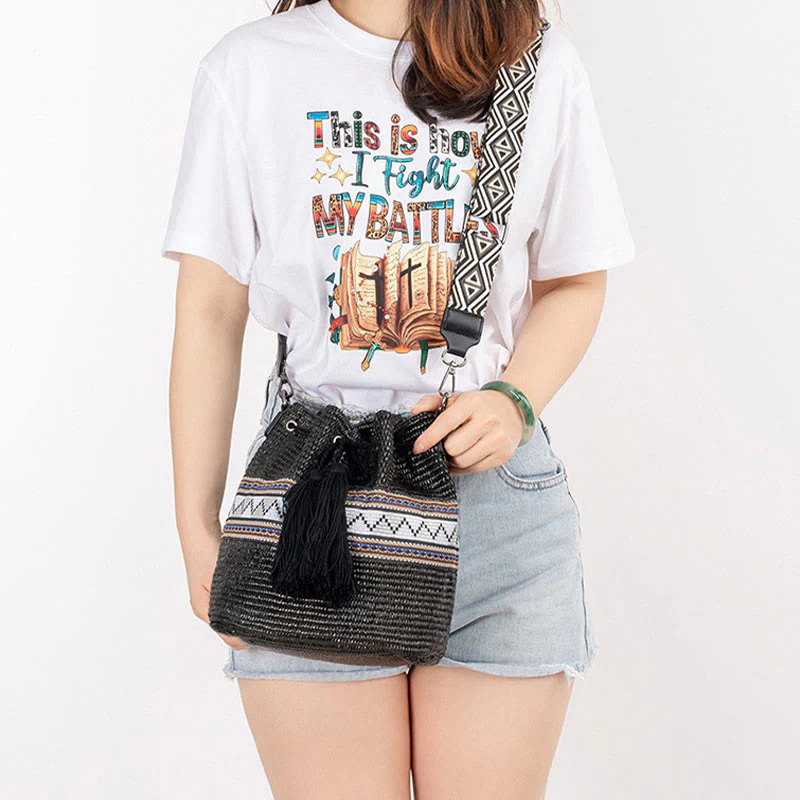 Buddha Stones Plaża Geometria Słoma Tkane Wiadro Frędzle Torba Crossbody Torba Na Ramię - Image 15