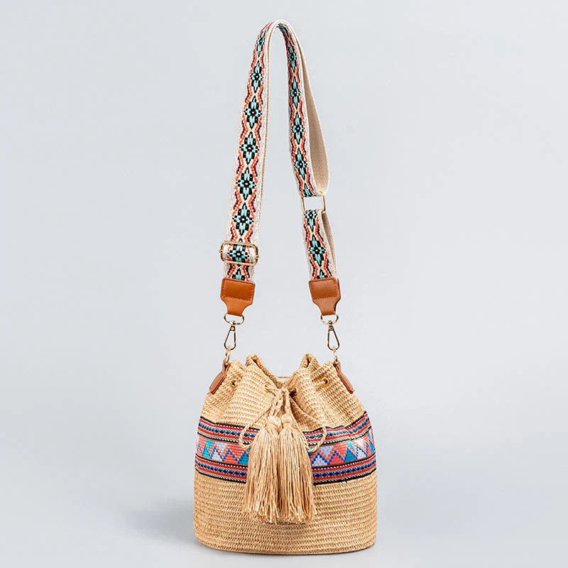 Buddha Stones Plaża Geometria Słoma Tkane Wiadro Frędzle Torba Crossbody Torba Na Ramię - Image 4