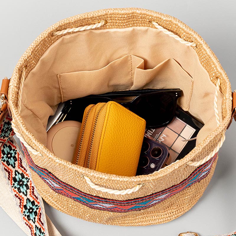 Buddha Stones Plaża Geometria Słoma Tkane Wiadro Frędzle Torba Crossbody Torba Na Ramię - Image 5