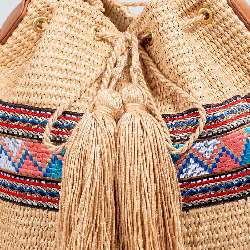 Buddha Stones Plaża Geometria Słoma Tkane Wiadro Frędzle Torba Crossbody Torba Na Ramię - Image 7