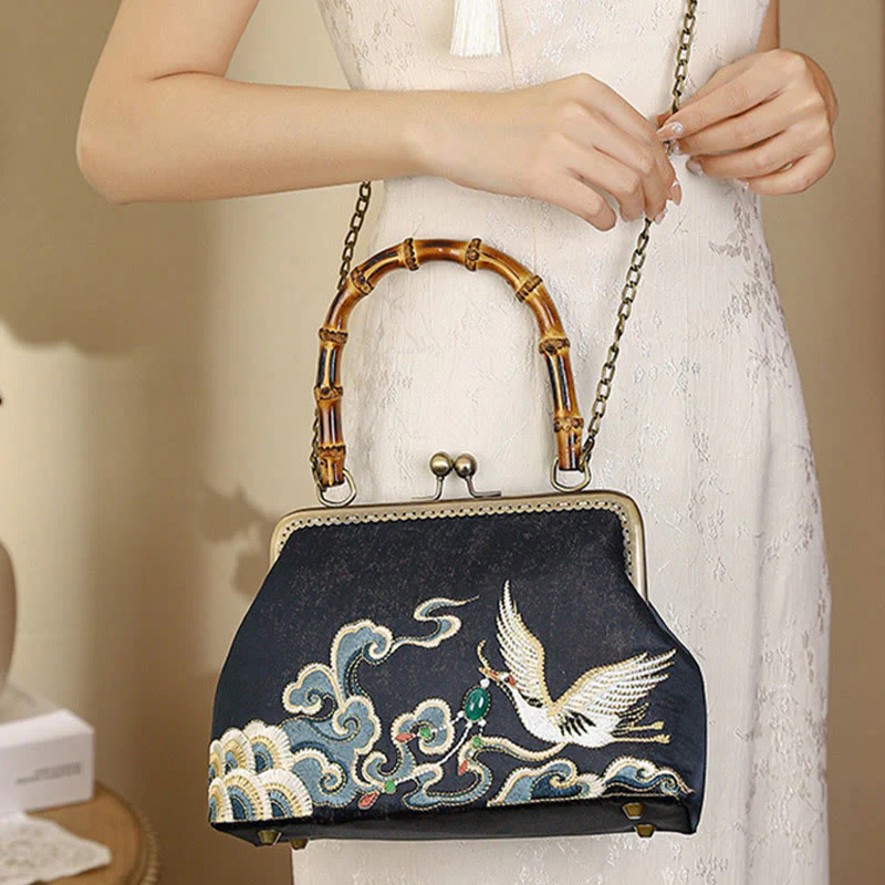 Buddha Stones Pomyślne Chmury Żurawie Haft Bambusowy Uchwyt Torebka Torebka Crossbody - Image 3
