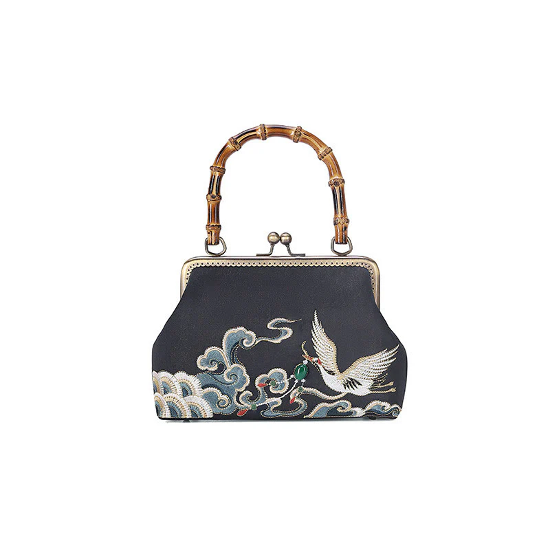 Buddha Stones Pomyślne Chmury Żurawie Haft Bambusowy Uchwyt Torebka Torebka Crossbody - Image 4