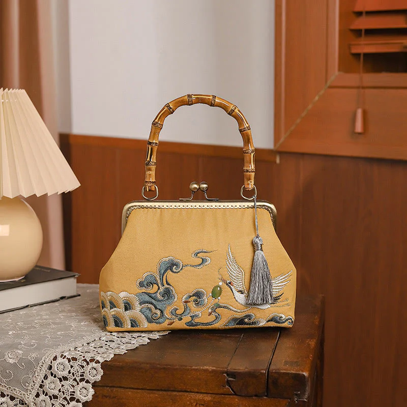 Buddha Stones Pomyślne Chmury Żurawie Haft Bambusowy Uchwyt Torebka Torebka Crossbody - Image 6