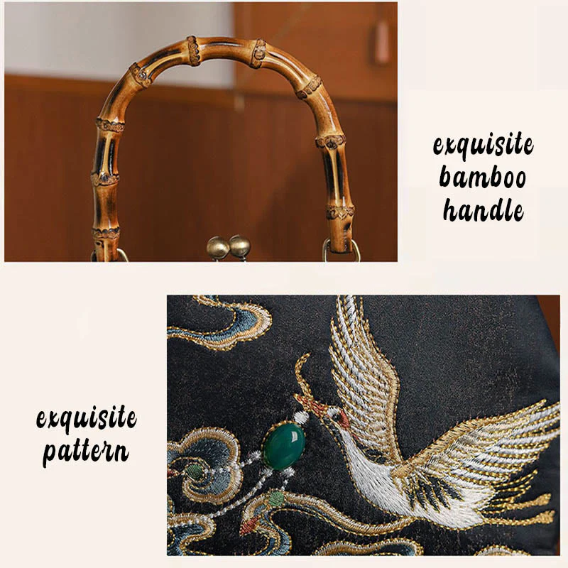 Buddha Stones Pomyślne Chmury Żurawie Haft Bambusowy Uchwyt Torebka Torebka Crossbody - Image 8