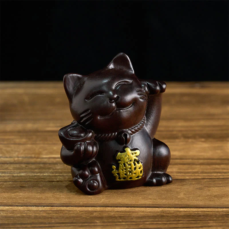Buddha Stones Przyciągnij bogactwo, szczęśliwy kot, rzeźbiona dekoracja z drewna hebanowego z błogosławieństwem