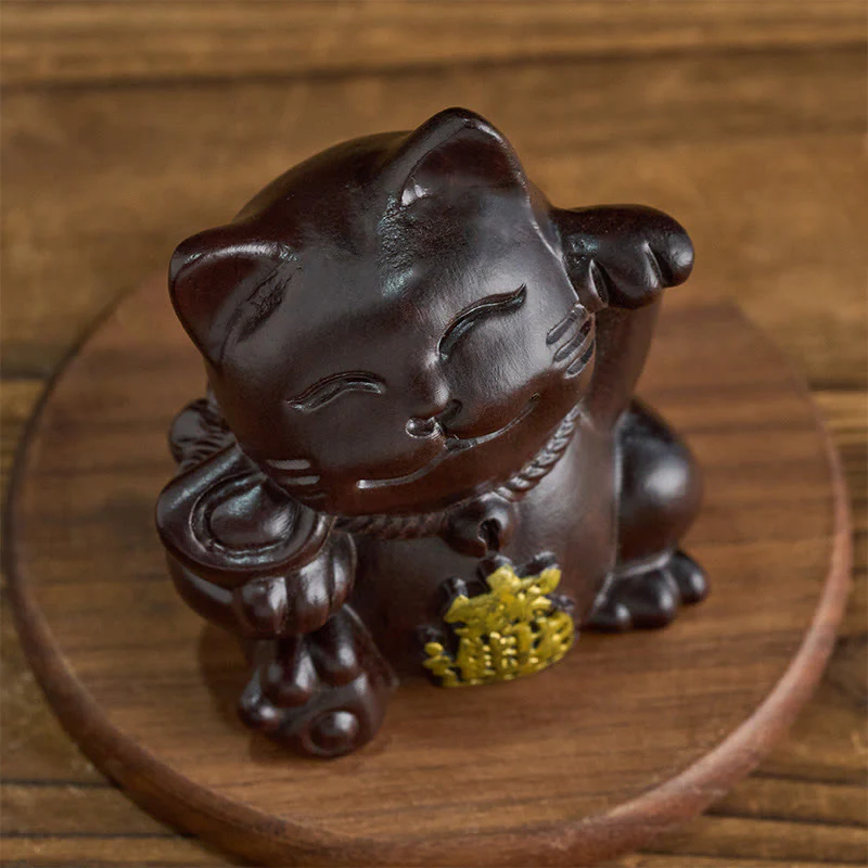 Buddha Stones Przyciągnij bogactwo, szczęśliwy kot, rzeźbiona dekoracja z drewna hebanowego z błogosławieństwem - Image 3