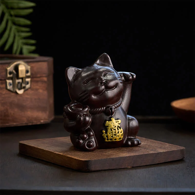 Buddha Stones Przyciągnij bogactwo, szczęśliwy kot, rzeźbiona dekoracja z drewna hebanowego z błogosławieństwem - Image 5