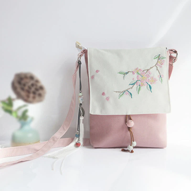 Buddha Stones , ręcznie haftowane kwiaty śliwkowe, płócienna torba typu crossbody, torba na ramię - Image 13
