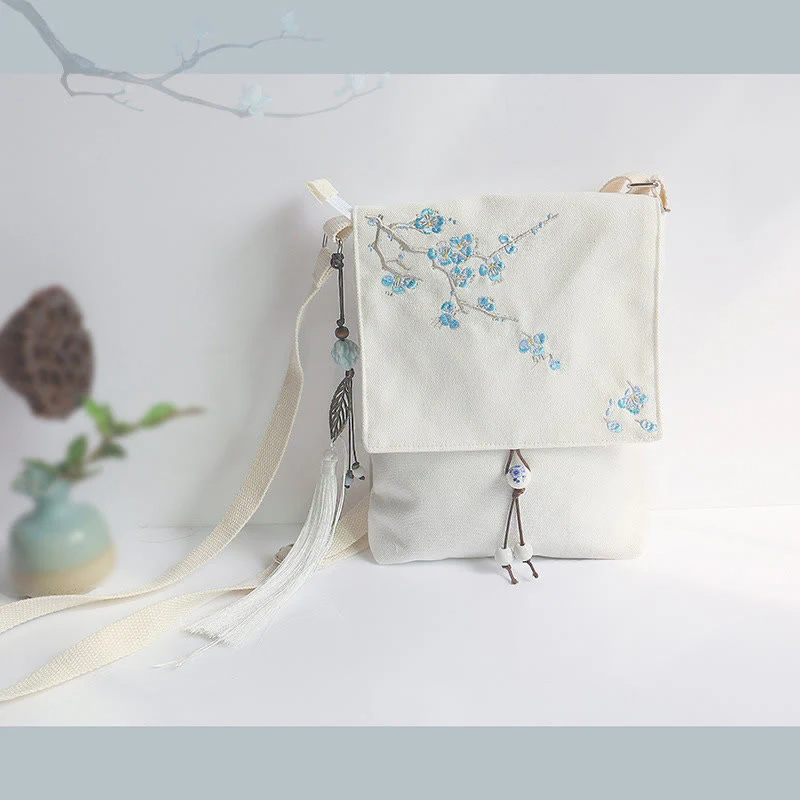 Buddha Stones , ręcznie haftowane kwiaty śliwkowe, płócienna torba typu crossbody, torba na ramię - Image 18