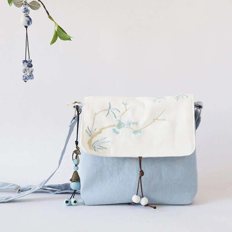 Buddha Stones , ręcznie haftowane kwiaty śliwkowe, płócienna torba typu crossbody, torba na ramię - Image 5