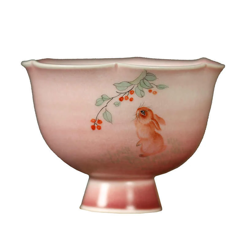 Buddha Stones Ręcznie malowana ceramiczna filiżanka do herbaty Kung Fu z motywem królika i orchidei w kształcie begonii, 75 ml - Image 5