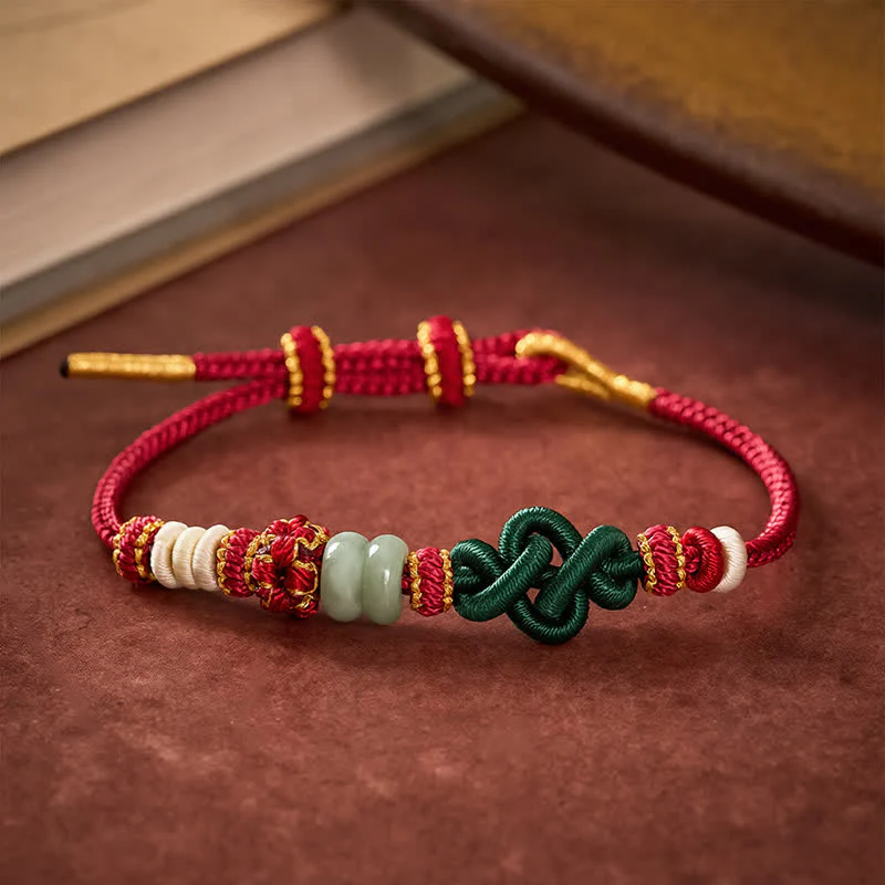 Buddha Stones Ręcznie pleciona bransoletka Ruyi Peach Blossoms Knot z regulowanym jadeitem szczęścia - Image 4