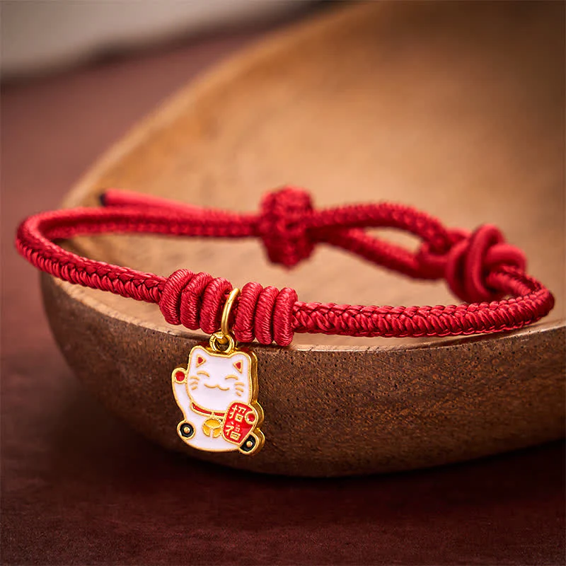 Buddha Stones Ręcznie pleciona bransoletka z czerwonego sznurka z motywem szczęśliwego kota przynoszącego szczęście i postaci Fu - Image 3