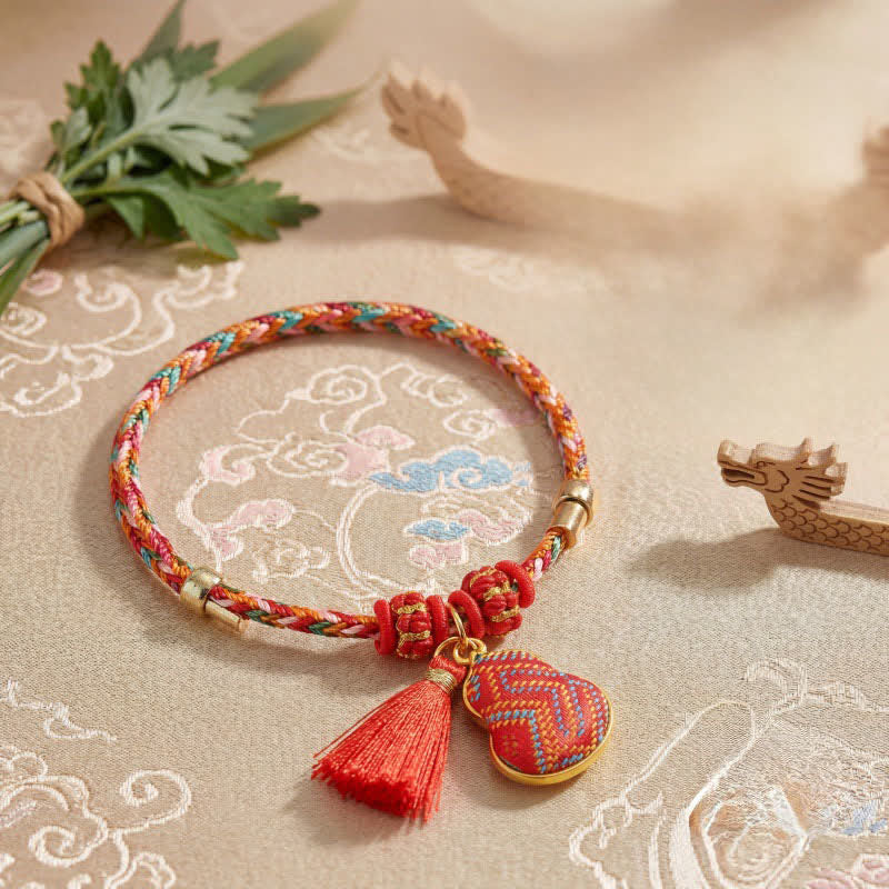 Buddha Stones Ręcznie robiona pięciokolorowa bransoletka z brokatem i chińskim zamkiem, z zawieszką w kształcie woreczka pieniędzy w kształcie jabłka i tykwy, pleciona bransoletka Zongzi - Image 13