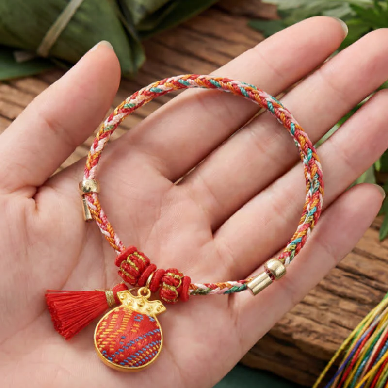 Buddha Stones Ręcznie robiona pięciokolorowa bransoletka z brokatem i chińskim zamkiem, z zawieszką w kształcie woreczka pieniędzy w kształcie jabłka i tykwy, pleciona bransoletka Zongzi - Image 7