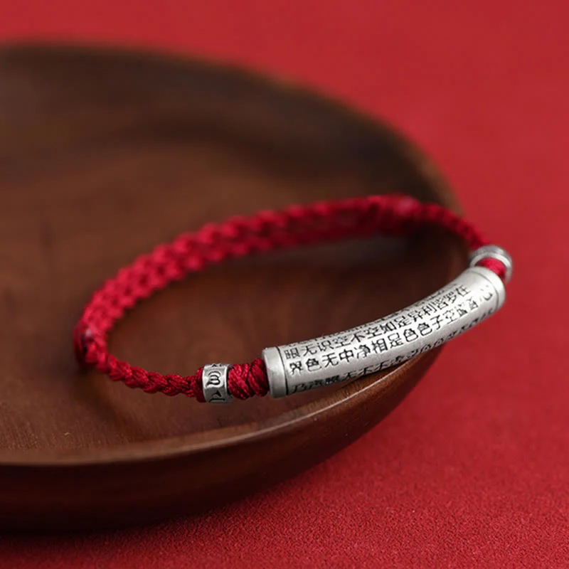 Buddha Stones ręcznie robione 999 srebro próby 925 Om Mani Padme Hum Sutra Serca Rzeźbiona Szczęście Bransoletka na kostkę - Image 12