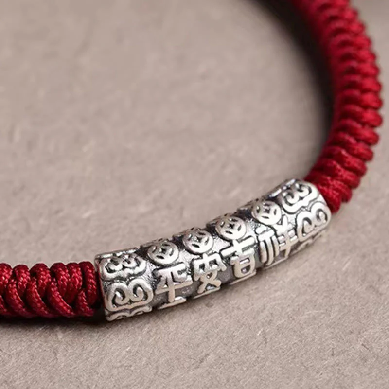 Buddha Stones Ręcznie robione 999 Srebro Sterlingowe Pokój i Szczęście Om Mani Padme Hum Bransoletka Sznurkowa - Image 13