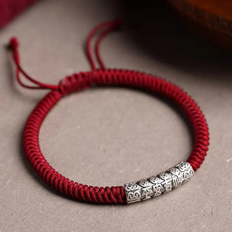 Buddha Stones Ręcznie robione 999 Srebro Sterlingowe Pokój i Szczęście Om Mani Padme Hum Bransoletka Sznurkowa - Image 3