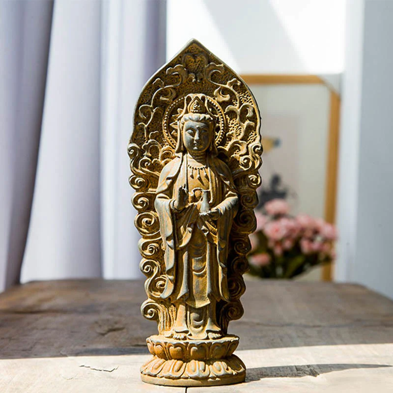 Buddha Stones ręcznie robione Amitabha Guanyin Avalokitesvara Mahasthamaprapta proszek żelaza rdza odlew posąg z żywicy dekoracja - Image 15