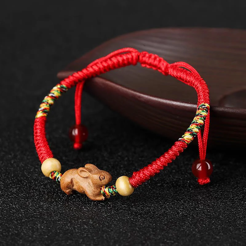 Buddha Stones Ręcznie robione Chińskie Zodiak Czerwony Sznurek Brzoskwiniowy Bransoletka Szczęścia