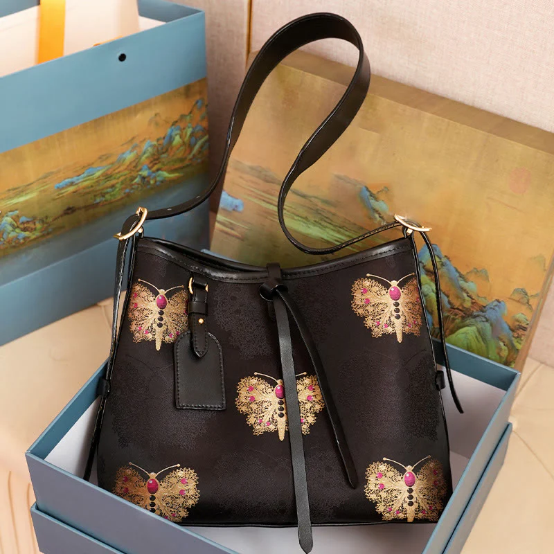 Buddha Stones Ręcznie Robione Kwiaty Żuraw Jeleń Motyl Piosenka Brokatowa Torba Crossbody Torebka Wisząca - Image 6