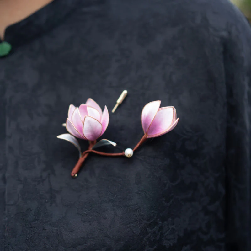 Buddha Stones ręcznie robione Yangzhou Aksamitny Kwiat Morwy Jedwab Fioletowa Magnolia Broszka Spinka Do Włosów