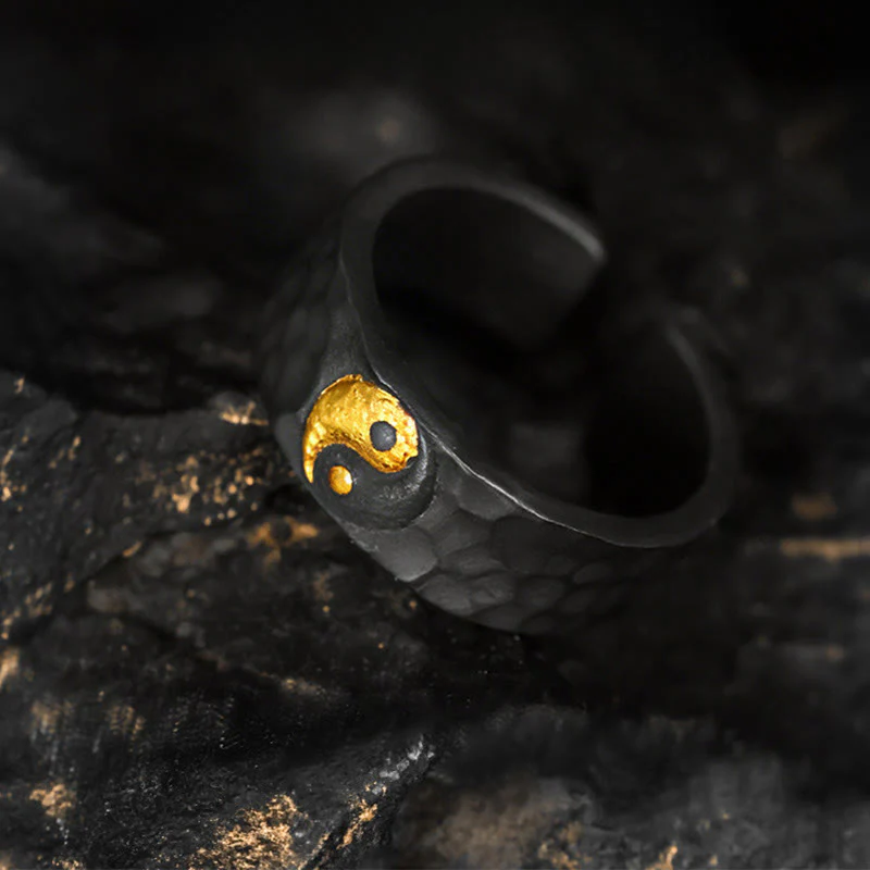 Buddha Stones Ręcznie robiony pierścień z teksturą Yin Yang i równoważeniem ze srebra próby 999 i złota próby 999 - Image 2