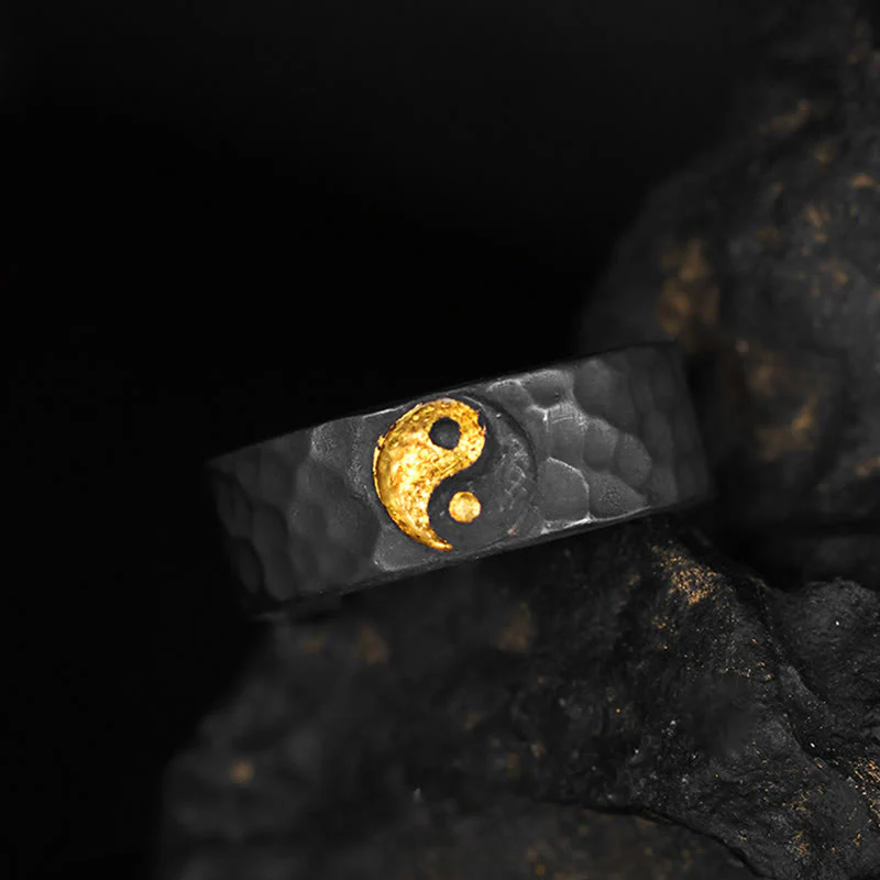 Buddha Stones Ręcznie robiony pierścień z teksturą Yin Yang i równoważeniem ze srebra próby 999 i złota próby 999 - Image 3