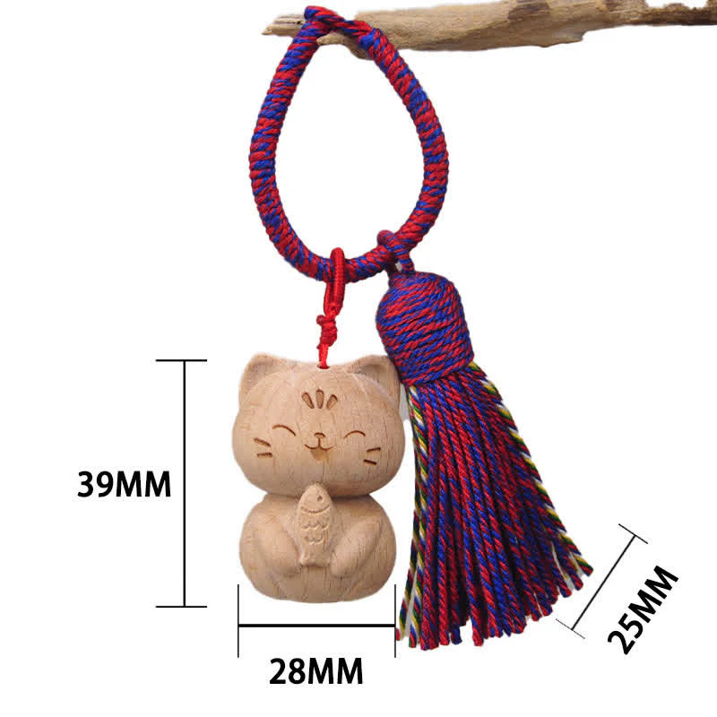 Buddha Stones Ręcznie rzeźbione, jasne, drewniane breloki uziemiające z frędzlami w kształcie kota na szczęście - Image 17