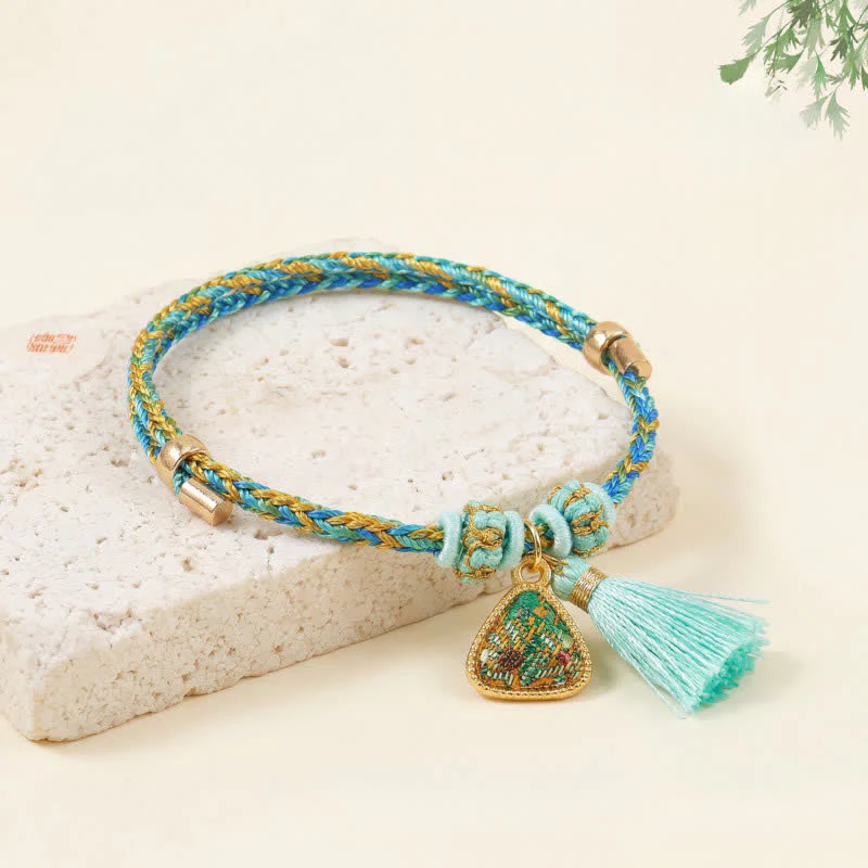 Buddha Stones Ręcznie tkana pięciokolorowa bransoletka z zielonego brokatu z motywem szczęścia i sakiewki z jabłkiem i tykwą w kształcie chińskiego zamka