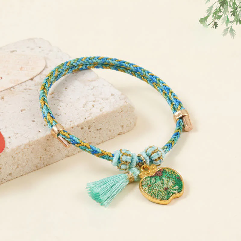 Buddha Stones Ręcznie tkana pięciokolorowa bransoletka z zielonego brokatu z motywem szczęścia i sakiewki z jabłkiem i tykwą w kształcie chińskiego zamka - Image 7