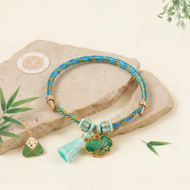 Buddha Stones Ręcznie tkana pięciokolorowa bransoletka z zielonego brokatu z motywem szczęścia i sakiewki z jabłkiem i tykwą w kształcie chińskiego zamka - Image 8