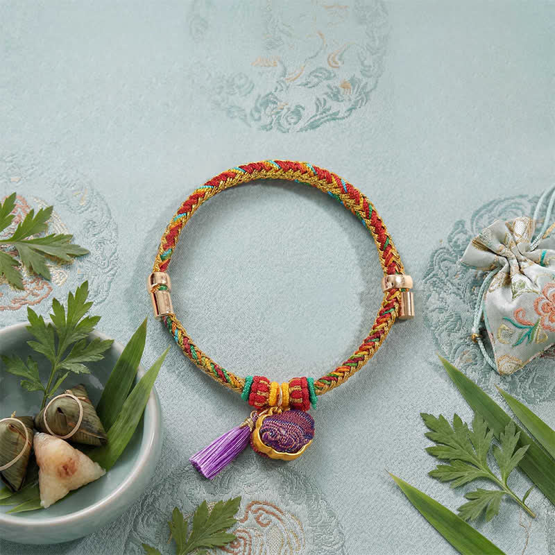 Buddha Stones Ręcznie tkany pięciokolorowy sznurek z brokatem w kolorze fioletowym, chiński zamek z zawieszką, jabłko, woreczek z pieniędzmi, tykwa, Zongzi, regulowana bransoletka - Image 8