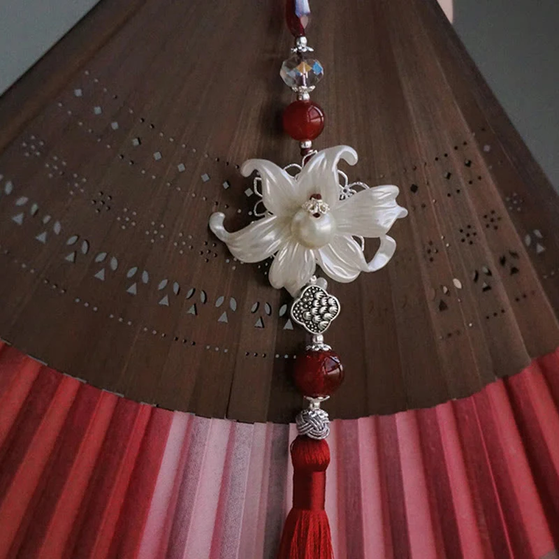 Buddha Stones Ręczny wachlarz składany z bambusa, z frędzlami i prążkami z jedwabiu Red Lily Tassel Hollow Rib - Image 13