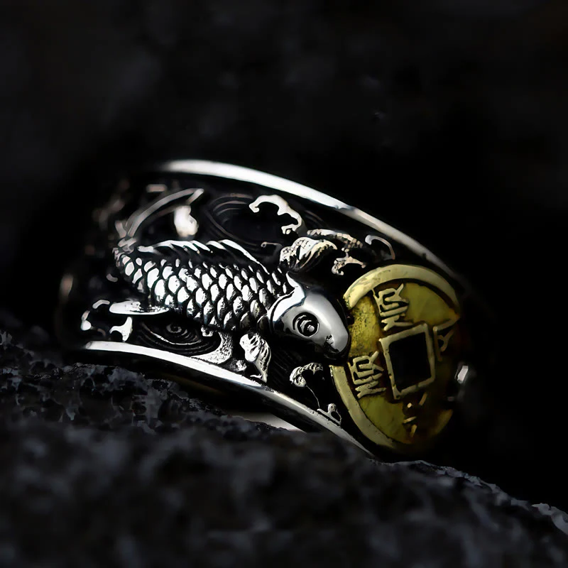 Buddha Stones Regulowane Otwarcie 925 Srebro Sterlingowe Szczęście Ryba Koi Miedziana Moneta Pomyślne Chmury Pierścień Bogactwa - Image 15