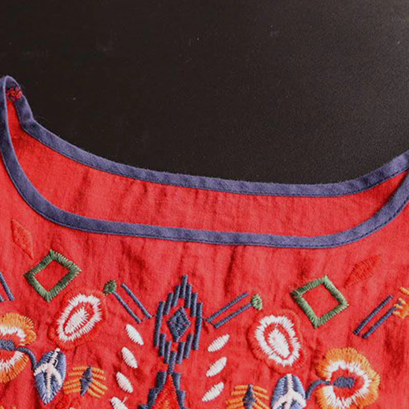 Buddha Stones Retro Artystyczny Haft Kwiatowy Wzór Okrągły Dekolt Damska Bawełniana Lniana Krótki Rękaw T-shirt - Image 10