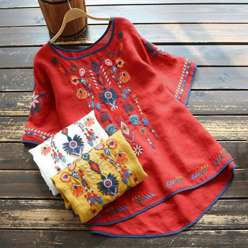 Buddha Stones Retro Artystyczny Haft Kwiatowy Wzór Okrągły Dekolt Damska Bawełniana Lniana Krótki Rękaw T-shirt - Image 13