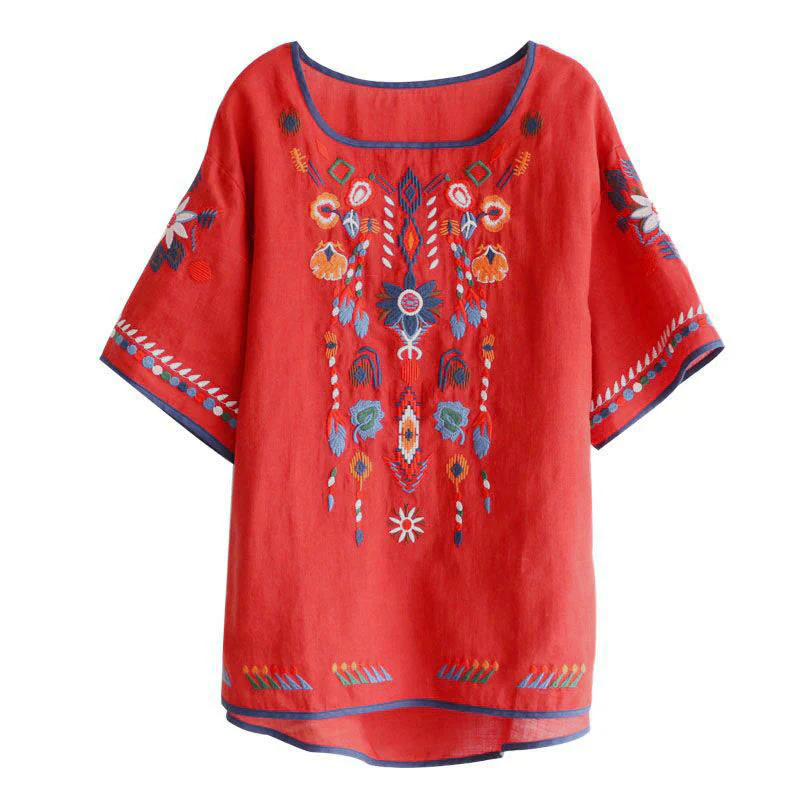 Buddha Stones Retro Artystyczny Haft Kwiatowy Wzór Okrągły Dekolt Damska Bawełniana Lniana Krótki Rękaw T-shirt - Image 14