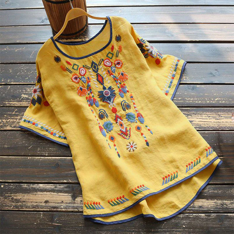 Buddha Stones Retro Artystyczny Haft Kwiatowy Wzór Okrągły Dekolt Damska Bawełniana Lniana Krótki Rękaw T-shirt - Image 15