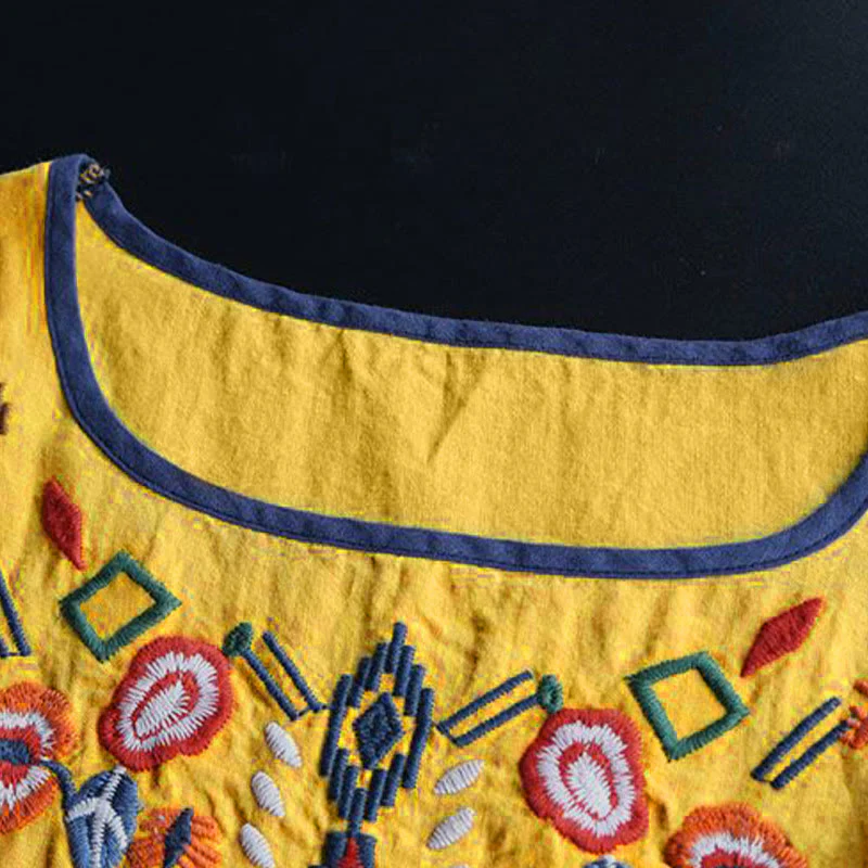Buddha Stones Retro Artystyczny Haft Kwiatowy Wzór Okrągły Dekolt Damska Bawełniana Lniana Krótki Rękaw T-shirt - Image 16