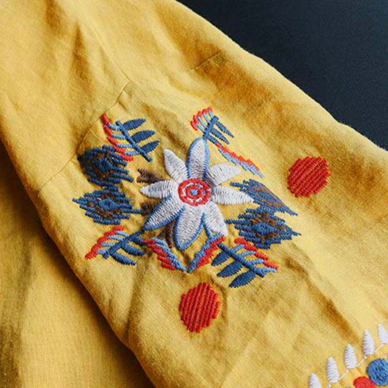 Buddha Stones Retro Artystyczny Haft Kwiatowy Wzór Okrągły Dekolt Damska Bawełniana Lniana Krótki Rękaw T-shirt - Image 17