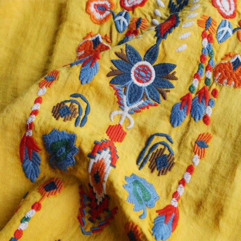 Buddha Stones Retro Artystyczny Haft Kwiatowy Wzór Okrągły Dekolt Damska Bawełniana Lniana Krótki Rękaw T-shirt - Image 18